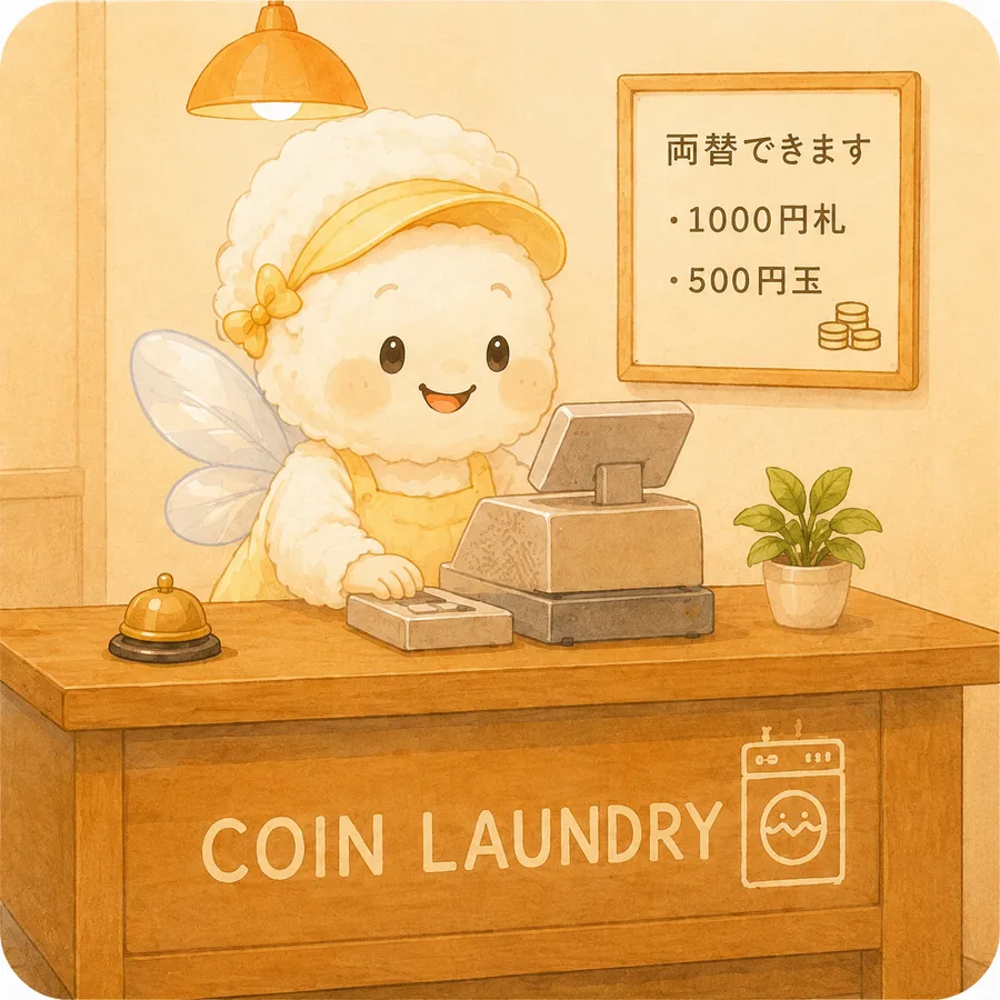 両替の案内をするコインランドリー６５のマスコット