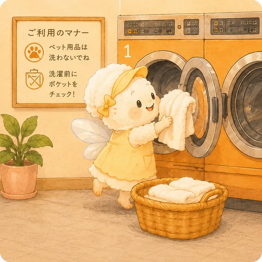 洗濯物を機械に入れるコインランドリー６５のマスコット